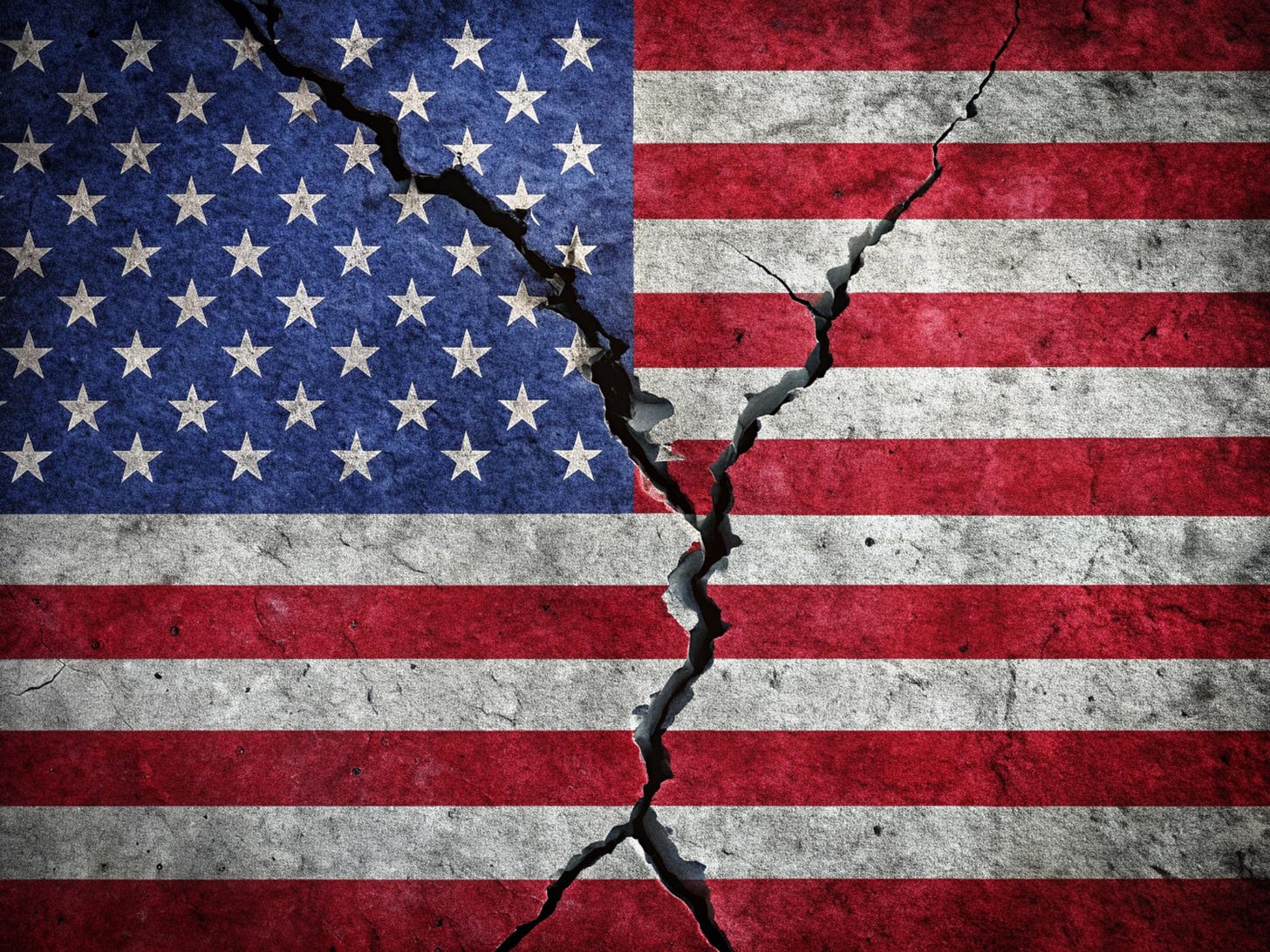 The American flag printed on a concrete surface with a jagged crack splitting it in two, symbolizing a nation fractured at its foundation.