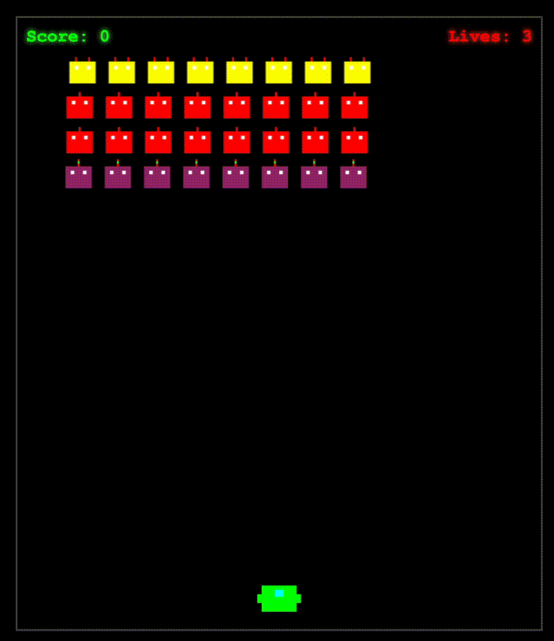 Black screen - a row of good looking space invaders advances across the screen for a moment... and then the entire screen goes blank.