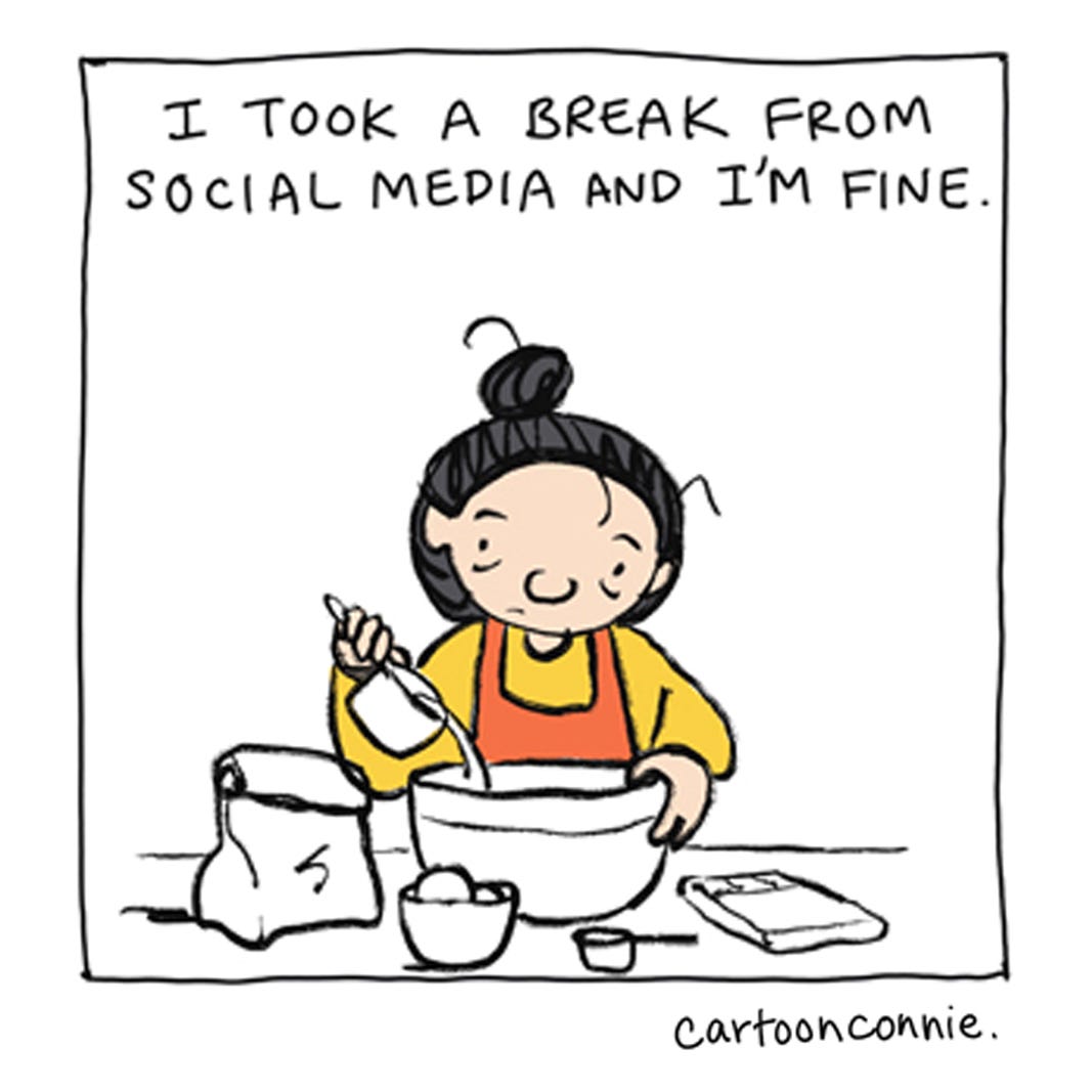 Excerpted panel from a comic strip illustrating a girl with a bun taking a break from social media and baking cookies for an elephant. Original art by Connie Sun, cartoonconnie, 2026.