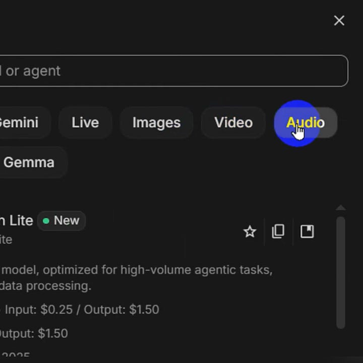 Несколько шагов в интерфейсе Google AI Studio: открытие Run Settings, переход на вкладку Audio и выбор модели Gemini 3.1 Flash TTS Preview