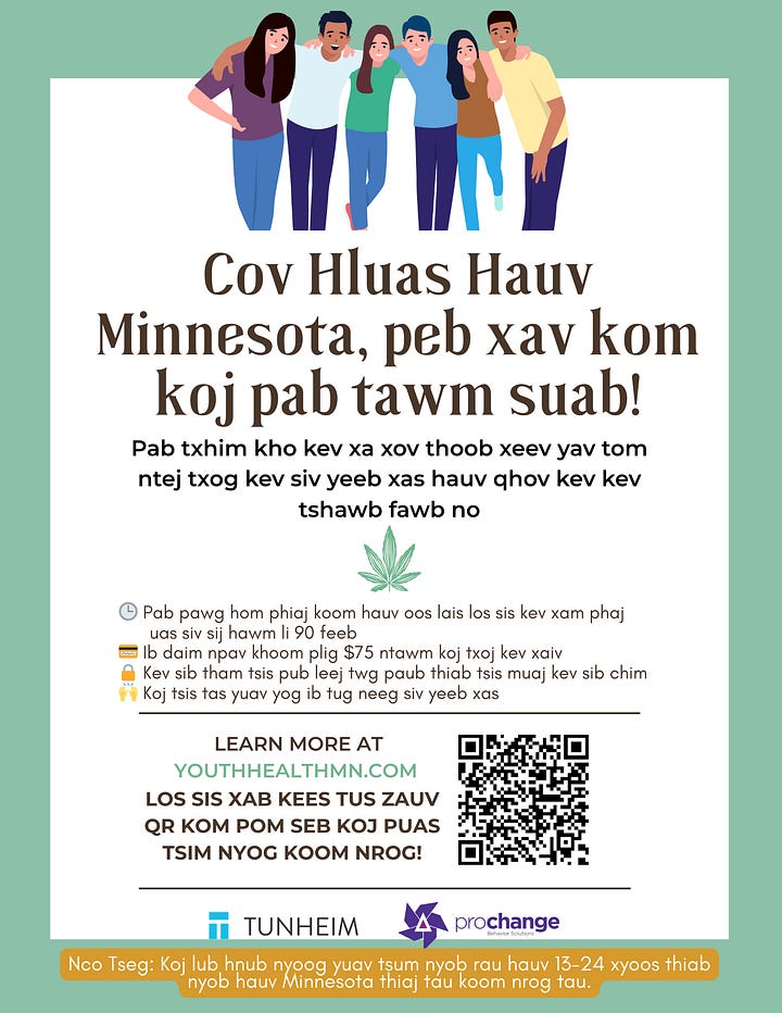 Cannabis-use research study fliers for Minnesota youth in English, Spanish, Somali and Hmong
