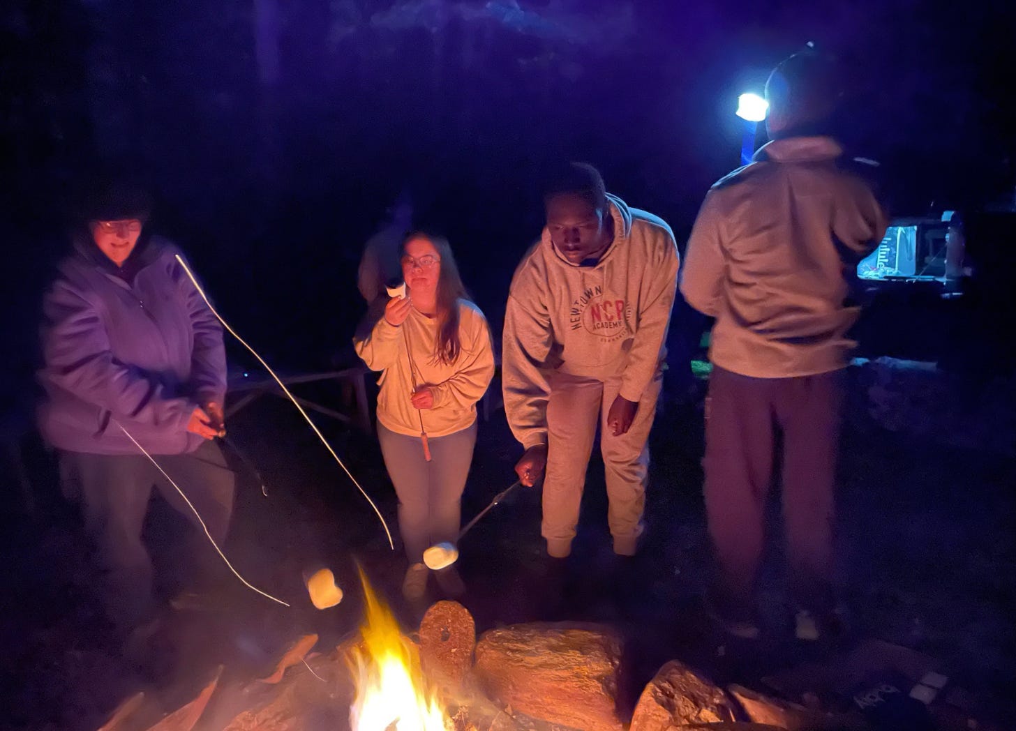 Penny gathers with friends around a campfire at night, roasting marshmallows on sticks.