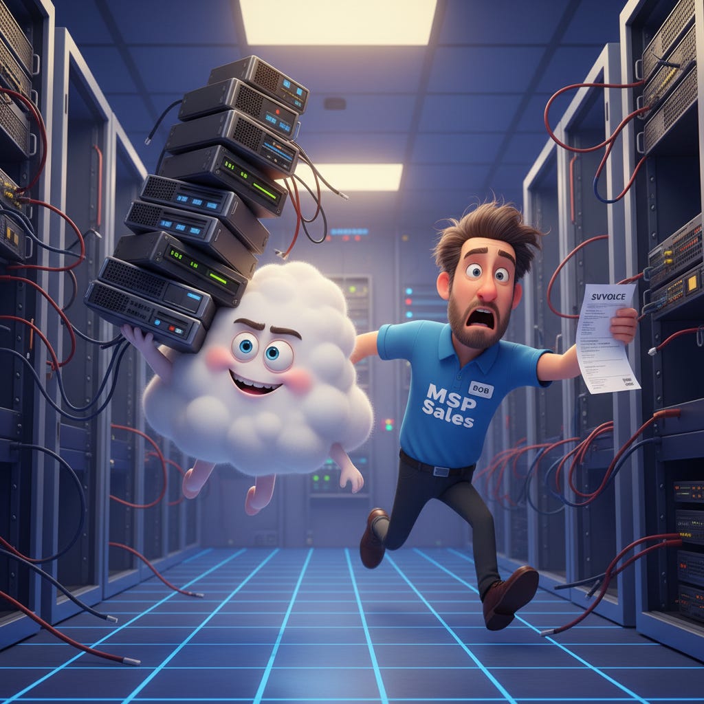 Humorous cartoon of Cloud stealing servers from an MSP Humorous cartoon of Cloud stealing servers from an MSP