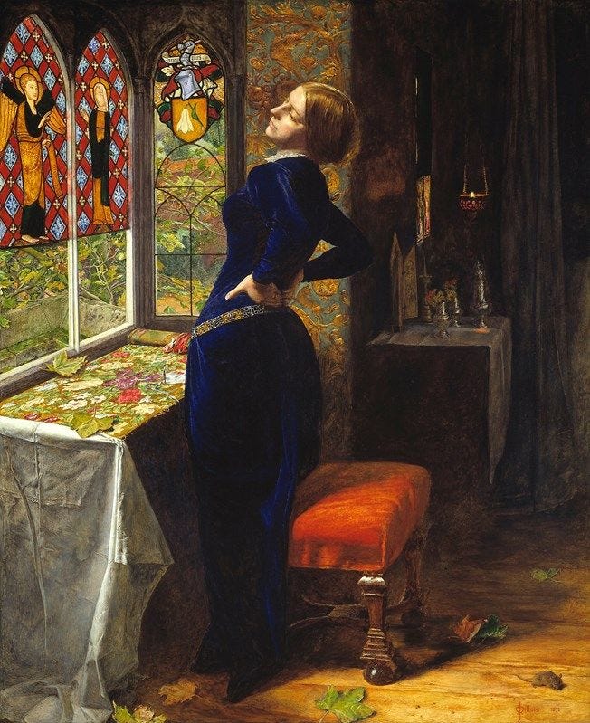 This may contain: a painting of a woman standing in front of a table with stained glass windows behind her