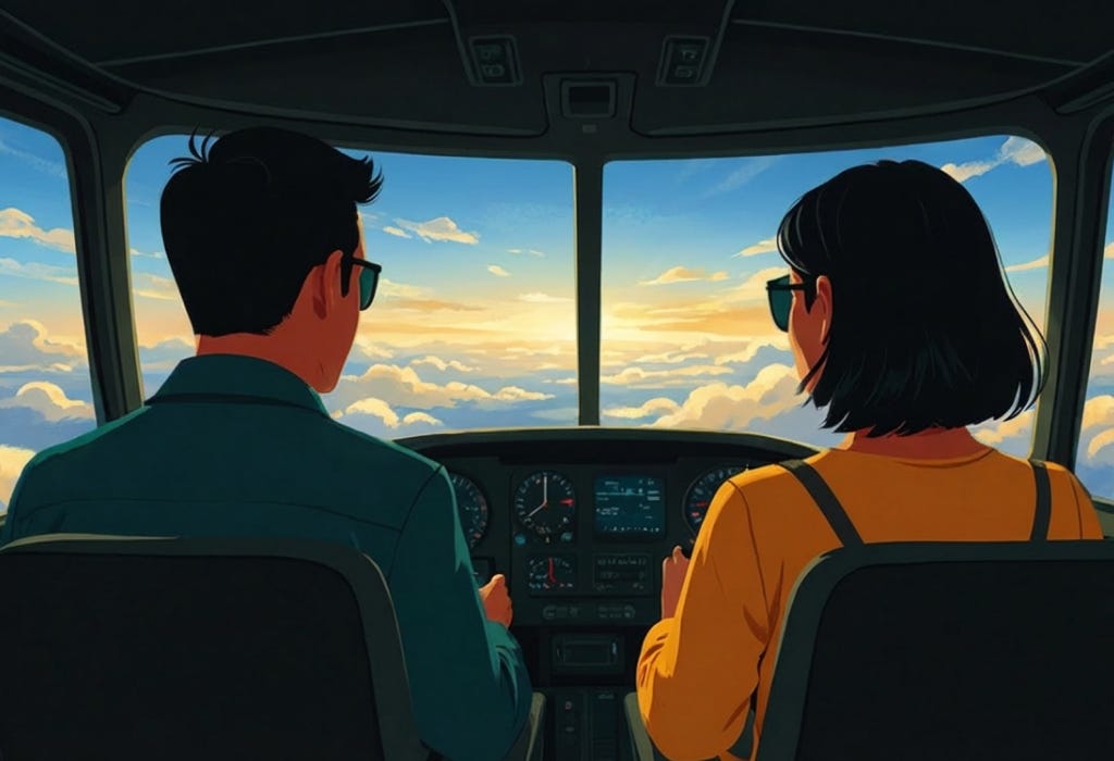 A illustration of a man and a woman pilots flying a plane high in the sky. A illustration of a man and a woman pilots flying a plane high in the sky.