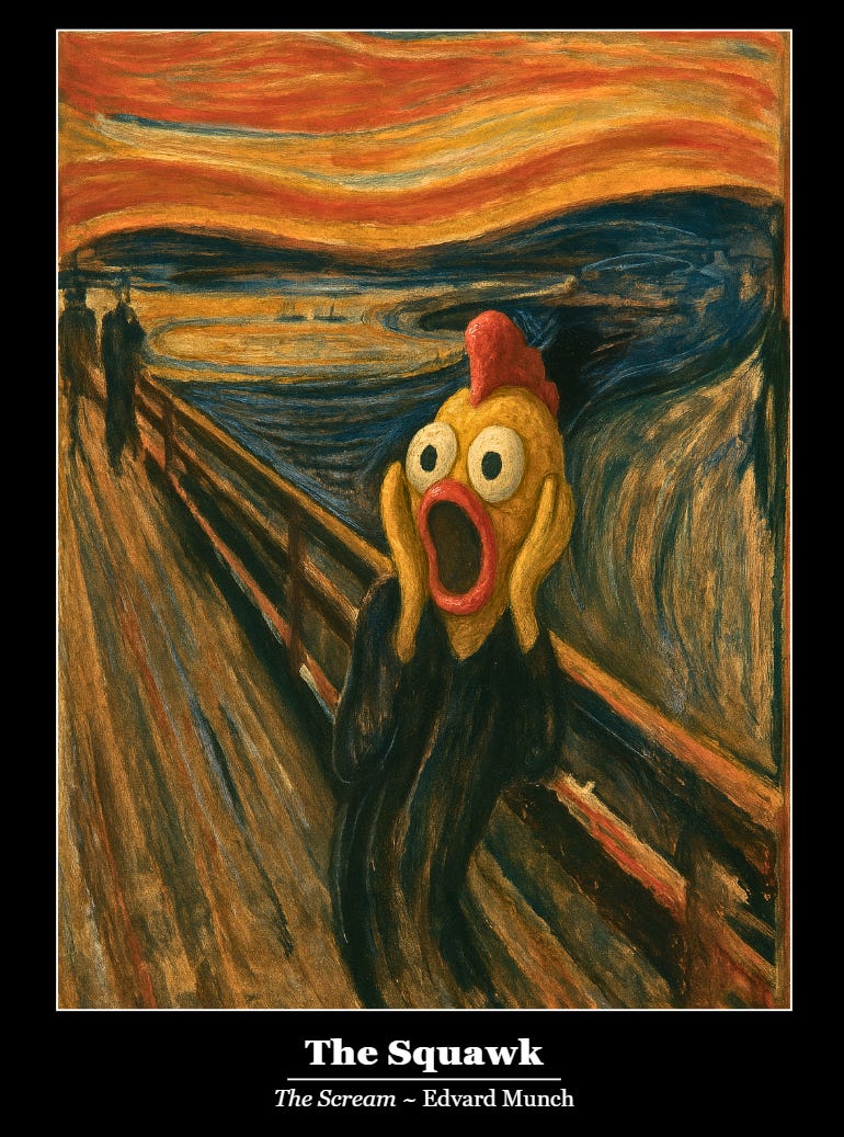 A Rubber-Chicken version of Edvard Munch's "The Scream" titled "The Squawk"