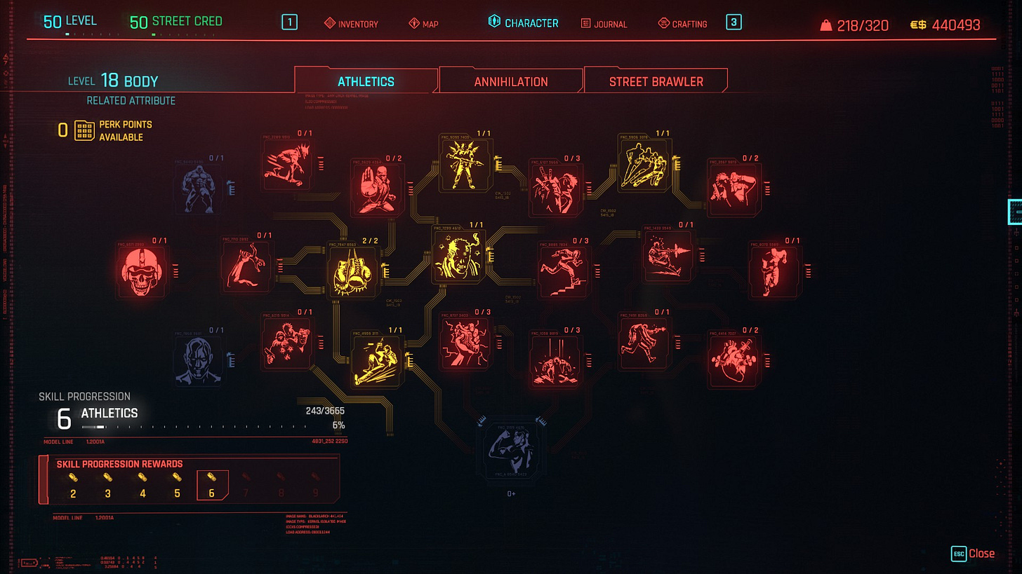 Character stats screen with 15 "perks" to level up