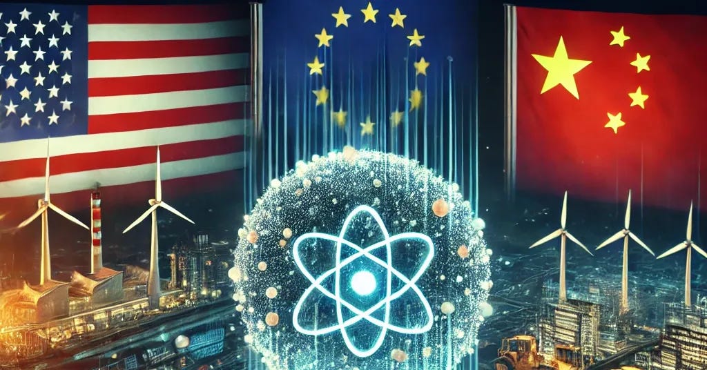 A visually engaging image showcasing the geopolitical and macroeconomic impact on deeptech investments in 2025. The scene includes elements of quantum computing (glowing quantum circuits), CleanTech innovation (solar panels and hydrogen storage systems), and semiconductor manufacturing (high-tech factories). Flags of the United States, European Union, and China subtly integrate into the background, symbolizing the global competition and collaboration. The image conveys a sense of innovation, strategy, and economic opportunity.