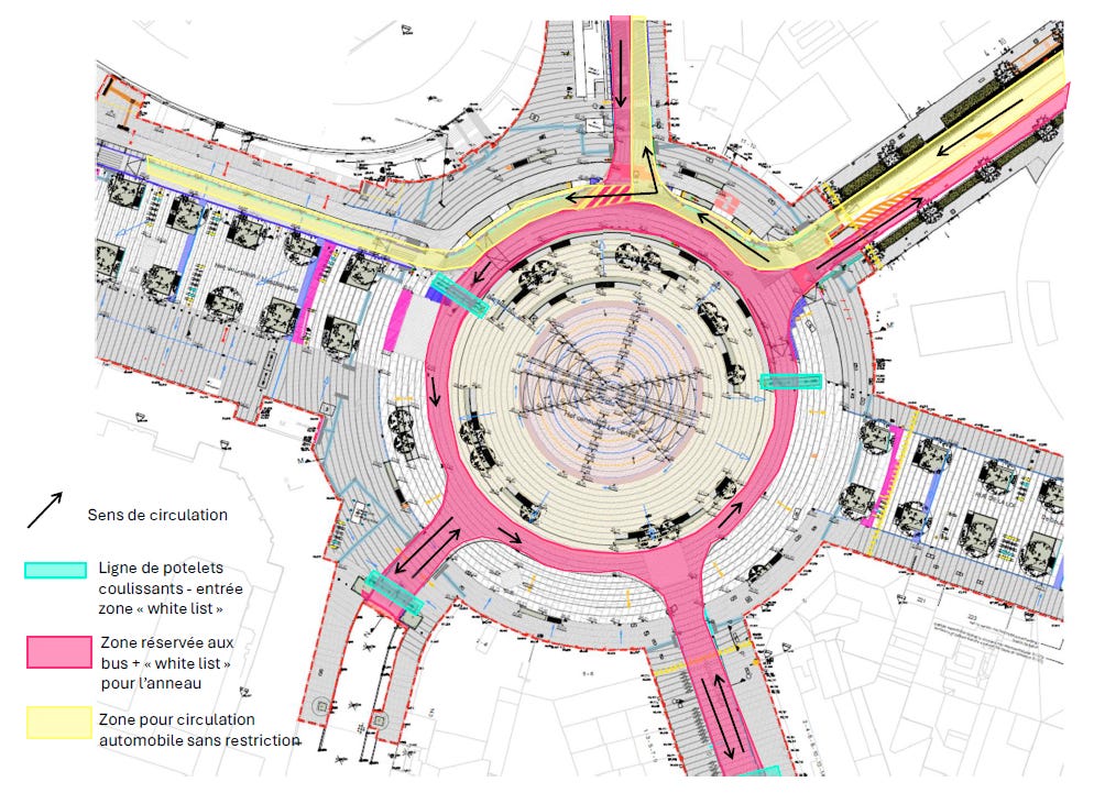 Plan schématique, vue de haut du réaménagement en semi piétonnier Schuman