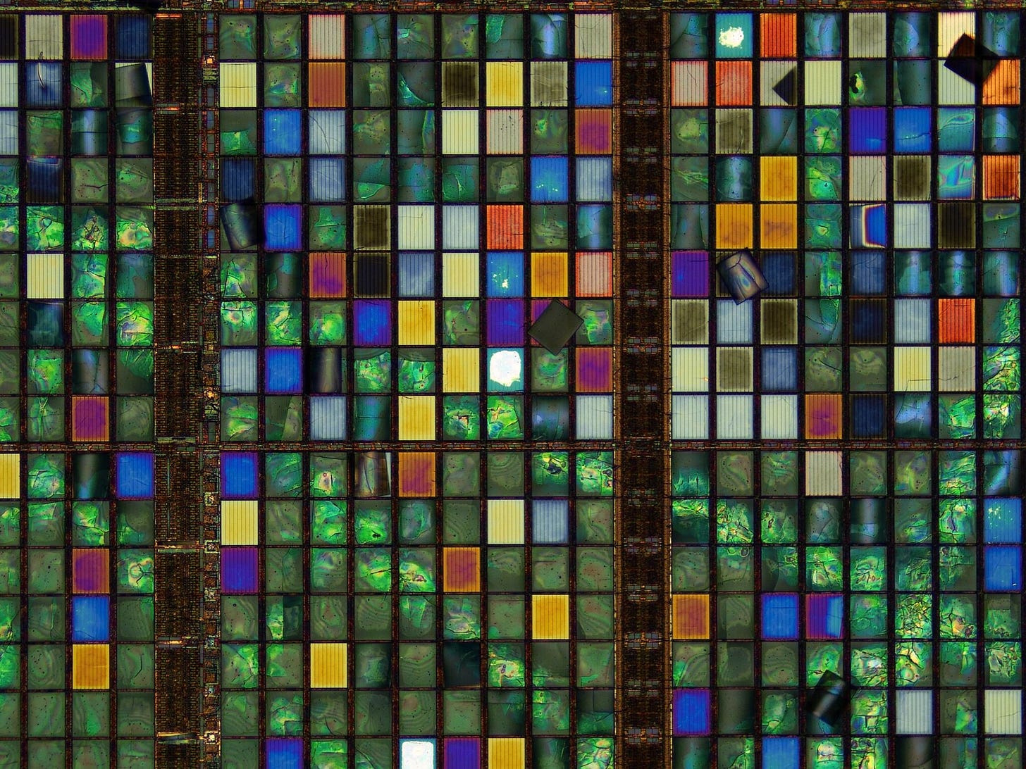 A die structure viewing from die back upon removed bulk silicon that resembles the colorful textured panes of a mosaic window.