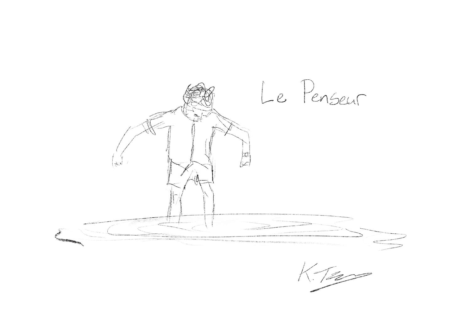 A sketch of Kai Tebay making a square pose while looking down into the puddle he's standing in