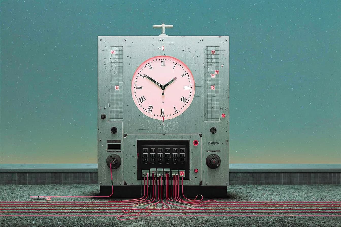 A retro-futuristic time clock machine with glowing pink wires extending across the floor and a large analog clock face in the center.