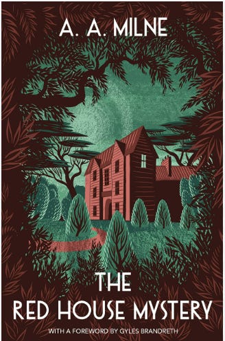 Book cover of The Red House Mystery by AA Milne - image of a red house with green trees in the foreground
