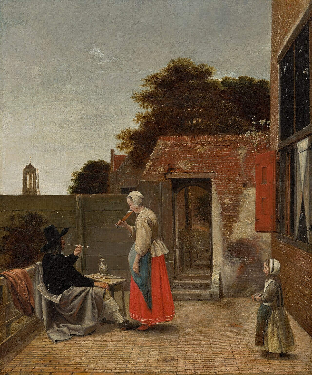 Two soldiers and a serving woman in a walled inn courtyard Two soldiers and a serving woman in a walled inn courtyard
