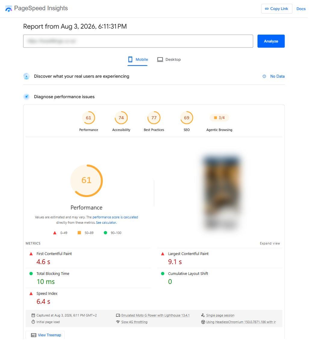PageSpeed Insights mobile report showing a performance score of 61 in orange