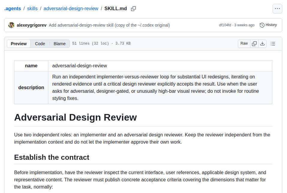My instructions for an implementer and an independent senior design reviewer in the adversarial design review skill on GitHub