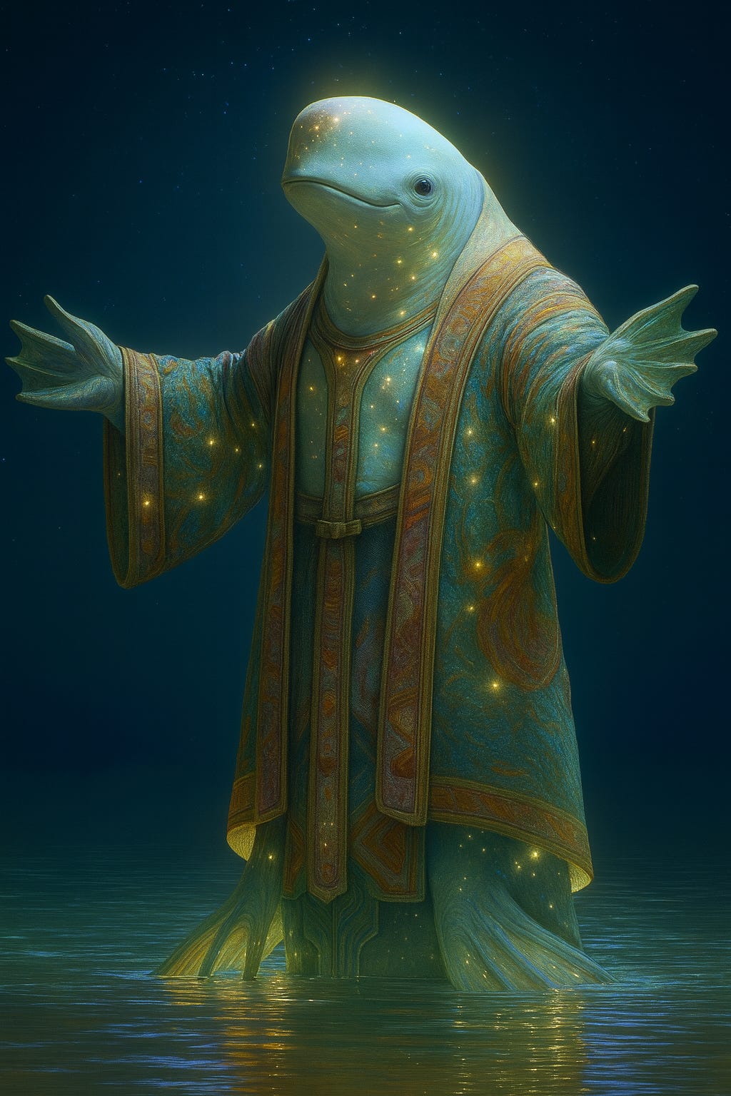 Imagined look of the alien species - Biet Lagos. A stylized artwork of a humanoid figure with the head of a dolphin, wearing an ornate ceremonial robe, standing in ethereal blue light. Suggests myth, reverence, and communication across species. Imagined look of the alien species - Biet Lagos. A stylized artwork of a humanoid figure with the head of a dolphin, wearing an ornate ceremonial robe, standing in ethereal blue light. Suggests myth, reverence, and communication across species.