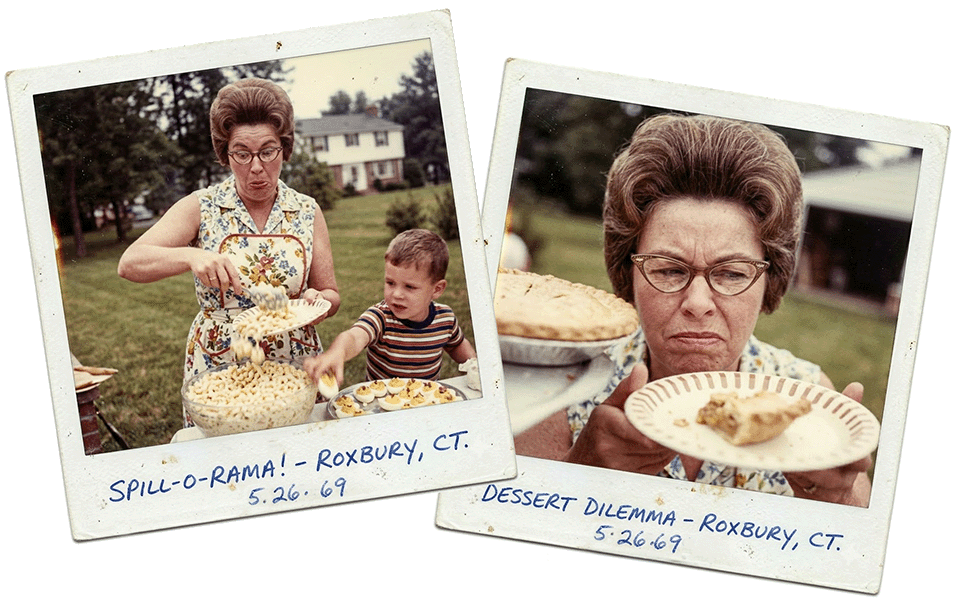 vintage square Polaroid picture showing an older woman with a beehive hairstyle and cat-eye glasses looking skeptically at a small piece of pie.