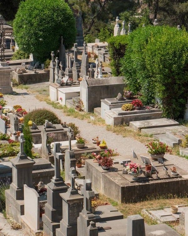 This may contain: an old cemetery with many headstones and flowers