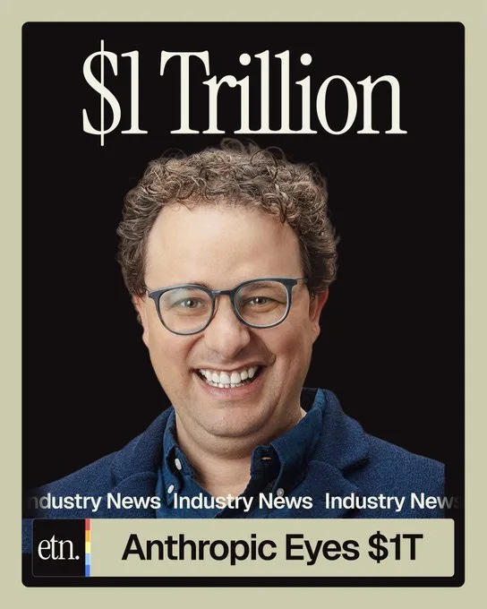 Magazine-cover-style hero image of Dario Amodei, co-founder and CEO of Anthropic, with the headline "$1 Trillion" and the chyron "Anthropic Eyes $1T," referring to the May 2026 Financial Times report that Anthropic is in talks to raise up to $50 billion at a near $1 trillion pre-money valuation, with Dragoneer Investment Group, General Catalyst, and Lightspeed Venture Partners leading interest, the round potentially closing within 2 months and making Anthropic the most valuable private AI company in the world after the company's $9 billion ARR at end of 2025 grew to $30 billion by April 2026 and is projected to hit $45 billion soon.