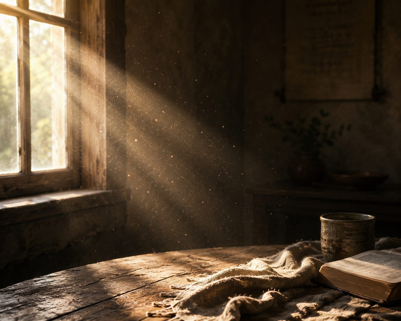 Golden morning light on rustic table Golden morning light on rustic table