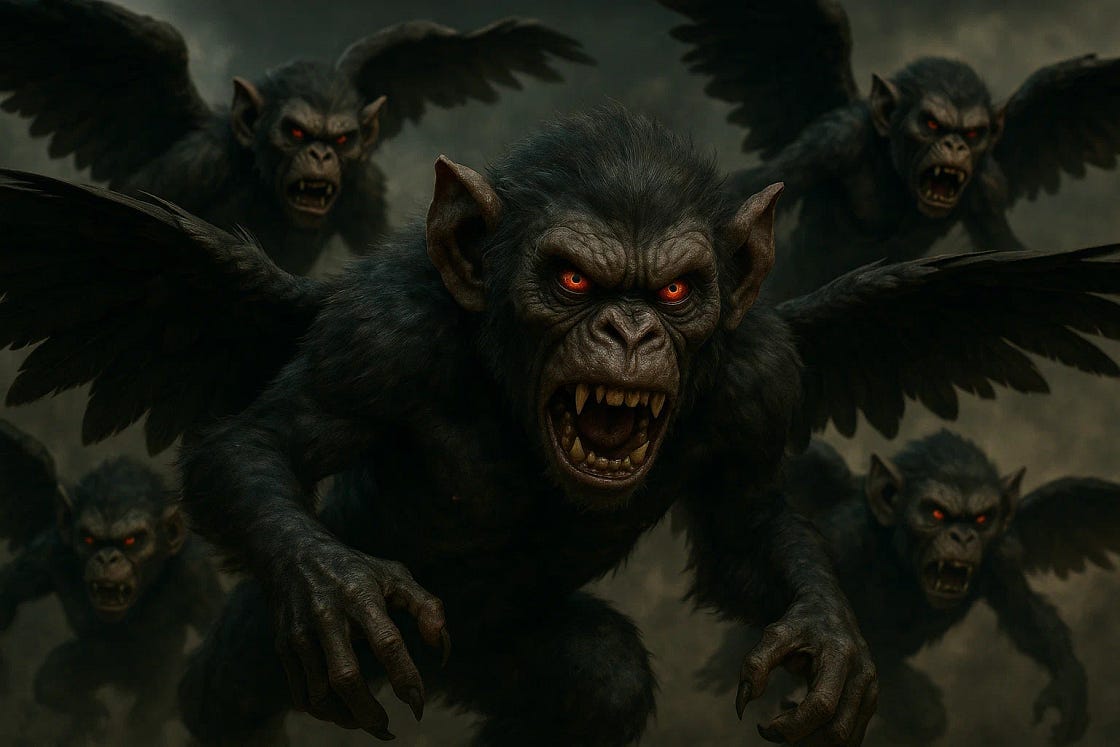 A group of terrifying, winged monkey-like creatures with glowing red eyes and sharp fangs fly aggressively through a dark, smoky sky. Their muscular, fur-covered bodies and outstretched claws give them a menacing, demonic appearance as they charge forward.