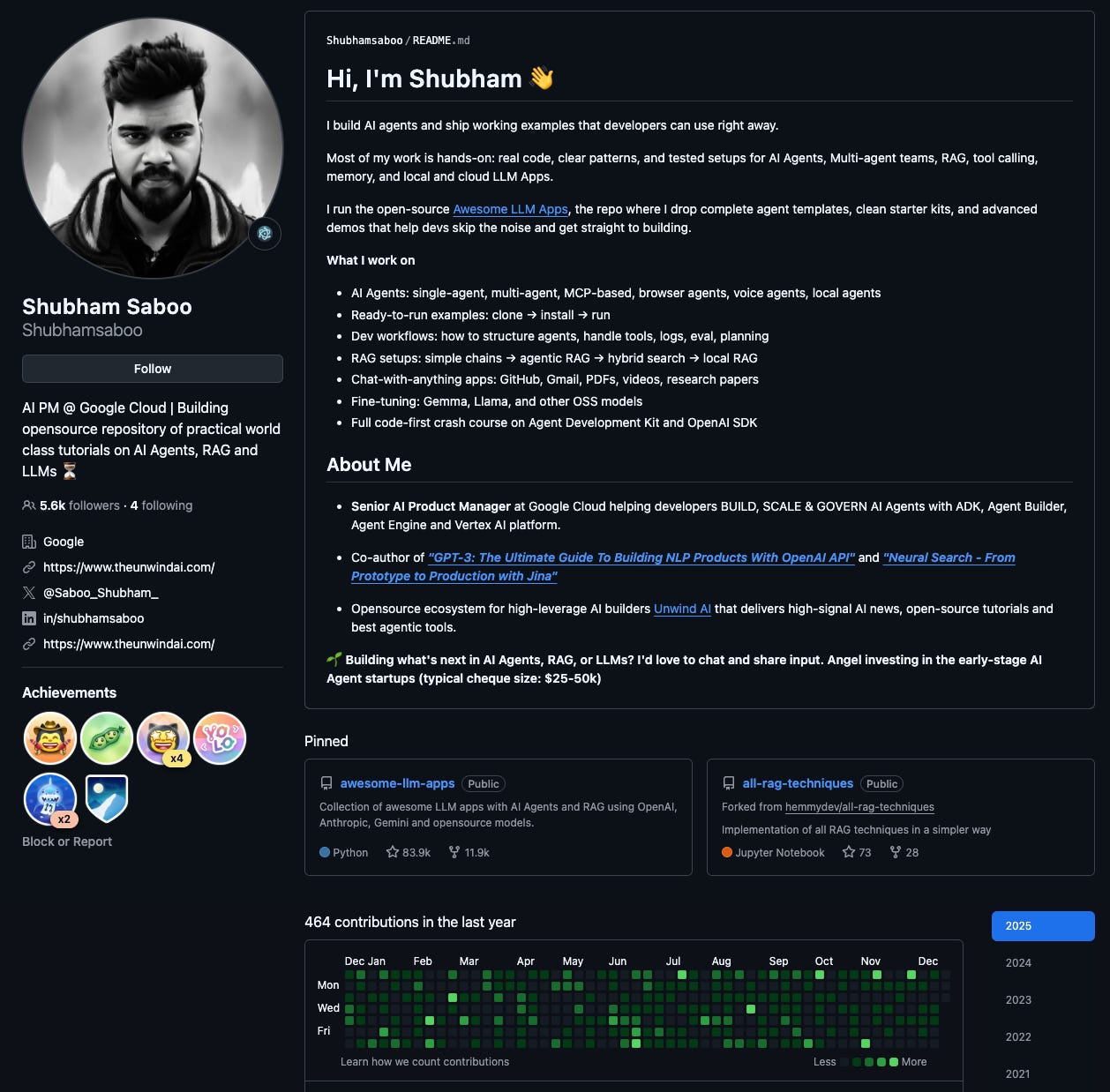 Screenshot of Shubham Saboo's GitHub profile, displaying his bio as an AI PM at Google Cloud and a dense contribution graph showing 464 contributions in the last year.