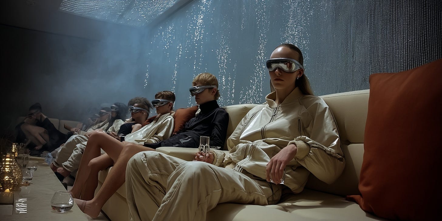 AI-generated fashion portraits by photographer Tobias Schneider, featuring the author in hyperreal, futuristic lounge environments. Created for an article exploring source monitoring error, memory distortion, and the psychological impact of seeing oneself in fictional yet photorealistic settings.