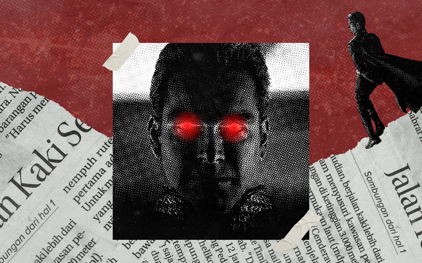 Black-and-white portrait of Homelander with glowing red eyes, placed over torn newspaper clippings and a red textured background. A small superhero silhouette stands in the upper-right corner. Black-and-white portrait of Homelander with glowing red eyes, placed over torn newspaper clippings and a red textured background. A small superhero silhouette stands in the upper-right corner.