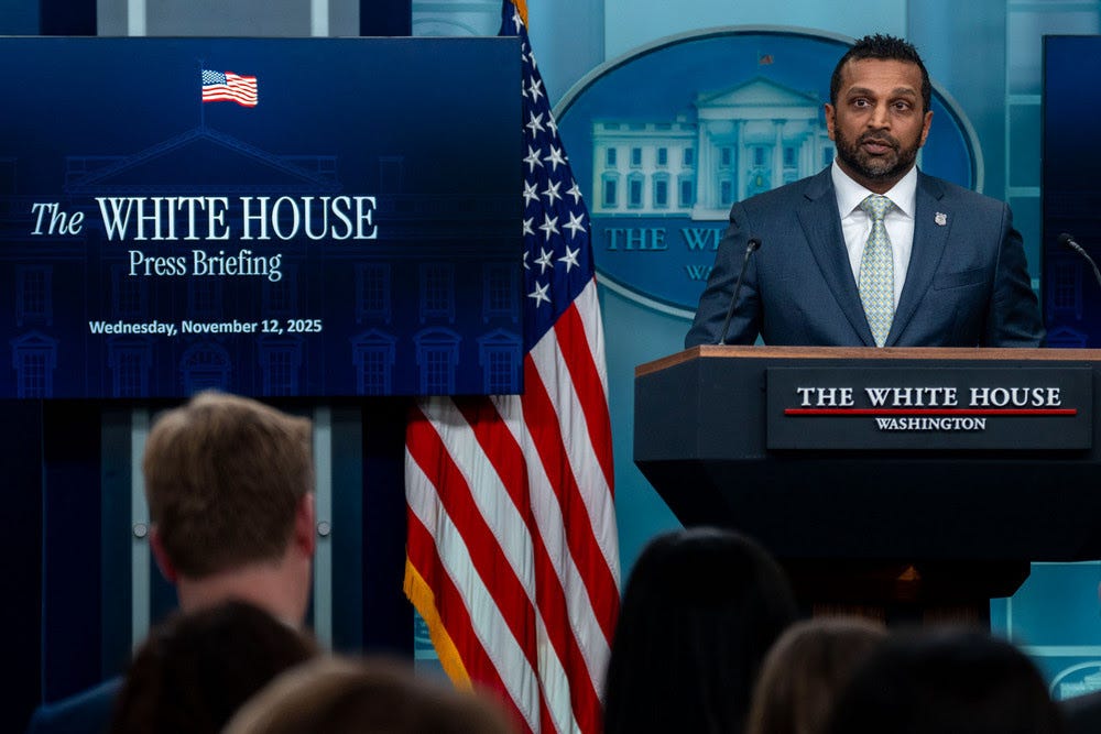 FBI Director Kash Patel speaks during a press briefing in the James S. Brady Briefing Room at the White House