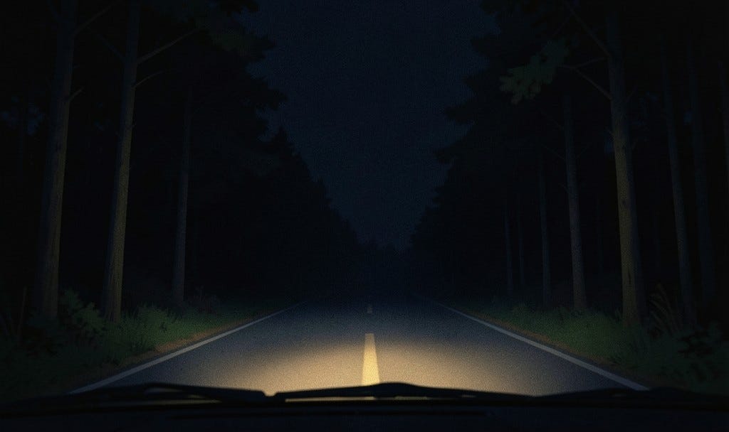 A dark road at night, seen through a car windshield, headlights lighting a short stretch of asphalt with tall trees fading into deep darkness on either side, illustration for the story "The Road Nobody Lights for You" from Modern Clarity by KYG. A dark road at night, seen through a car windshield, headlights lighting a short stretch of asphalt with tall trees fading into deep darkness on either side, illustration for the story "The Road Nobody Lights for You" from Modern Clarity by KYG.