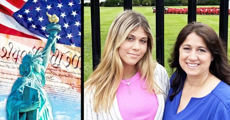 sarah doe and mom on the right and a statue of liberty with American flag on the left sarah doe and mom on the right and a statue of liberty with American flag on the left