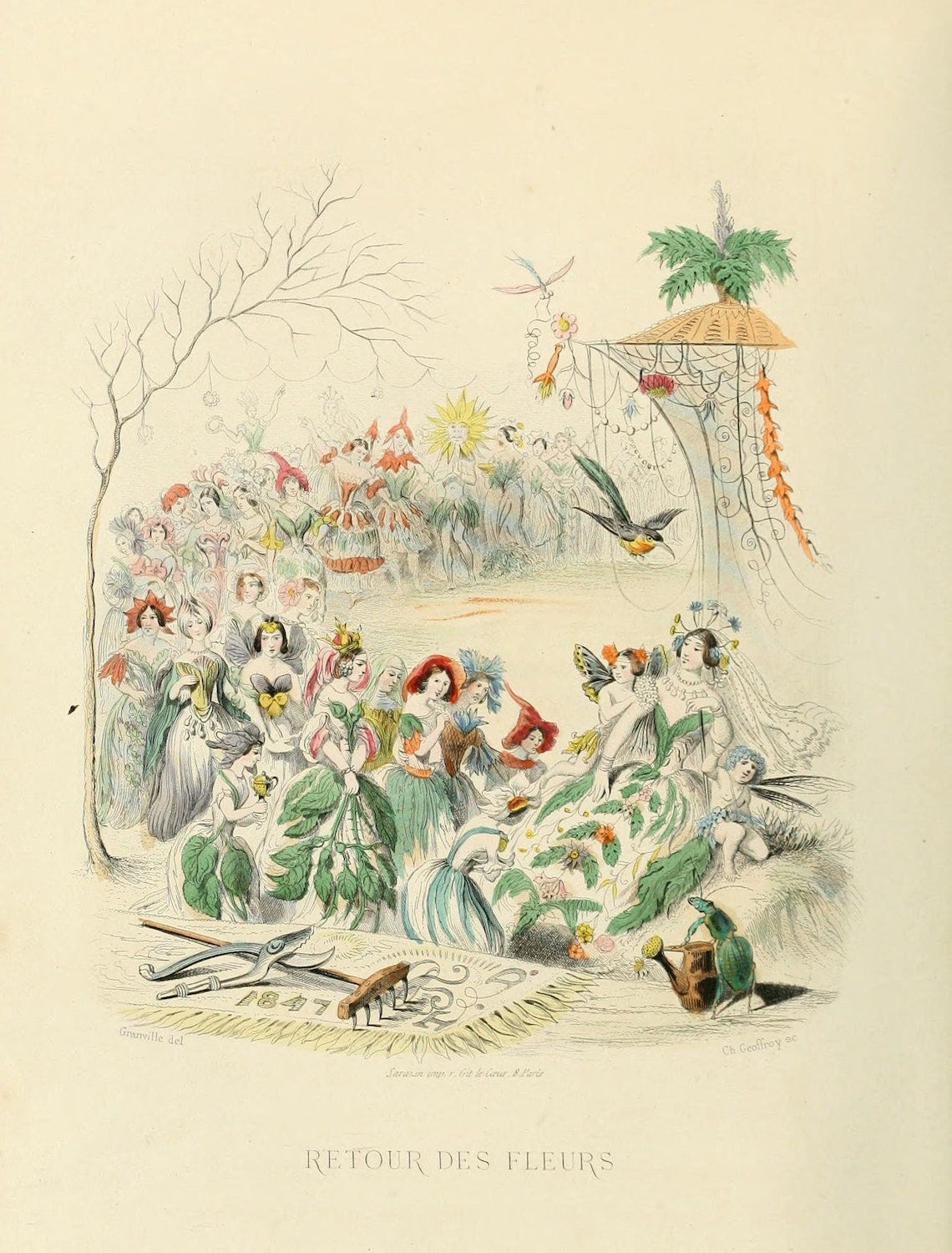 A Victorian illustration of flower-people in a queue