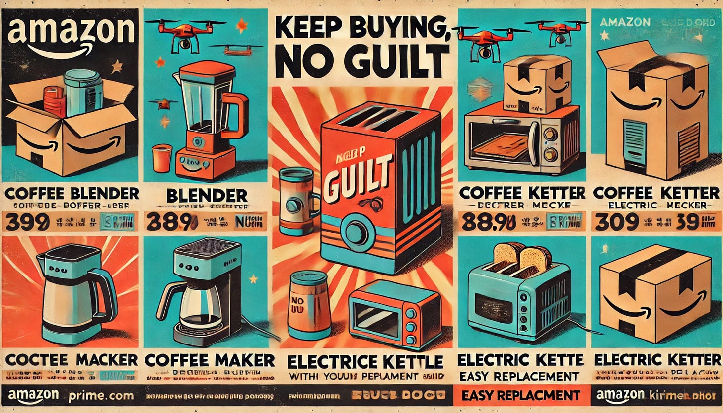 A retro-futuristic propaganda-style marketing catalog advertisement for Amazon's cardboard kitchen products. The design features bold, vibrant colors with a sense of optimism. The main slogan reads, 'Keep Buying, No Guilt.' The advertisement showcases Amazon's cardboard blender, toaster, coffee maker, microwave, electric kettle, and sandwich maker. Each product looks distinctly made of cardboard and is highlighted with brief descriptions and benefits, emphasizing their eco-friendliness, affordability with a Prime membership, and easy replacement policy. The layout includes bold fonts, geometric shapes, and illustrations of drones delivering the products. The overall feel is energetic and forward-thinking.