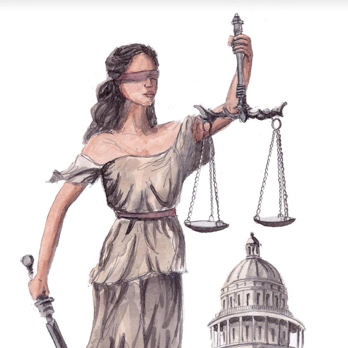 LADY JUSTICE - Scales of Justice Watercolor Painting with Capitol Building,  Lawyer Judge Bar Exam Art Gift Idea