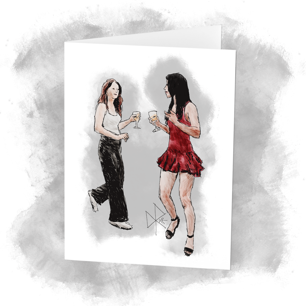 Two women dancing while holding wine glasses. Sketch art by Don Rice.