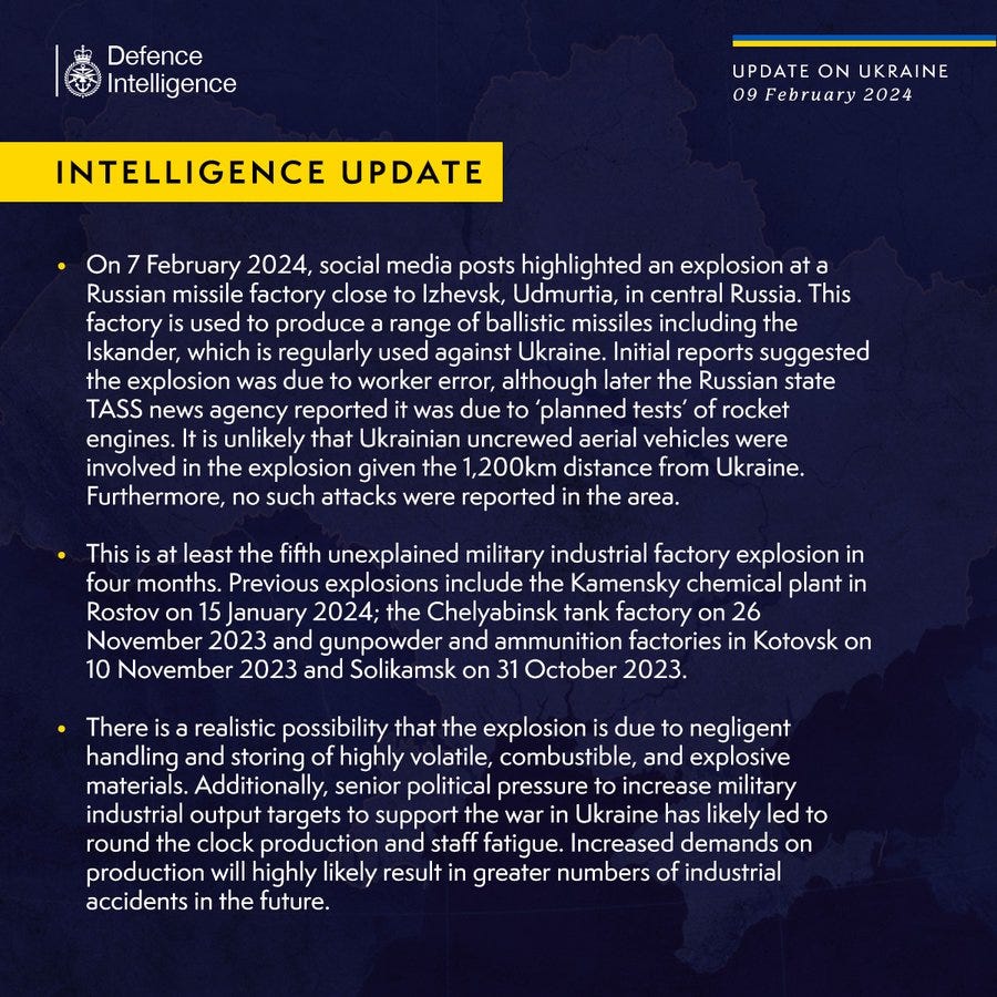 On 7 February 2024, social media posts highlighted an explosion at a Russian missile factory close to Izhevsk, Udmurtia, in central Russia. This factory is used to produce a range of ballistic missiles including the Iskander, which is regularly used against Ukraine. Initial reports suggested the explosion was due to worker error, although later the Russian state TASS news agency reported it was due to ‘planned tests’ of rocket engines. It is unlikely that Ukrainian uncrewed aerial vehicles were involved in the explosion given the 1,200km distance from Ukraine. Furthermore, no such attacks were reported in the area.

This is at least the fifth unexplained military industrial factory explosion in four months. Previous explosions include the Kamensky chemical plant in Rostov on 15 January 2024; the Chelyabinsk tank factory on 26 November 2023 and gunpowder and ammunition factories in Kotovsk on 10 November 2023 and Solikamsk on 31 October 2023.