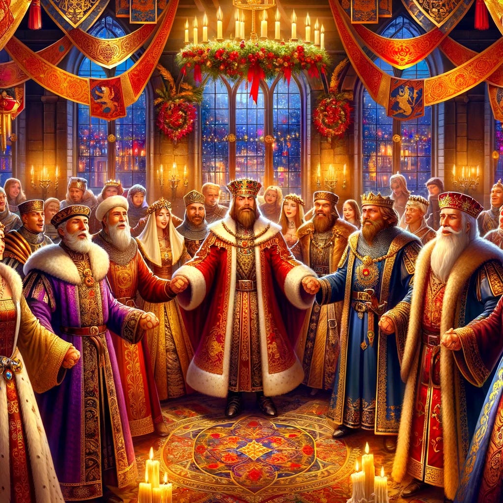 A vibrant medieval New Year's party scene, with nobles in a circle, holding hands. They're in elaborate medieval attire, with rich colors and designs. The king stands in the center, in royal robes and a crown. The room is lavishly decorated with New Year's decorations, like banners, ribbons, and garlands in gold and red, adding to the festive atmosphere. Candles and lanterns provide a warm glow. The nobles and king are chanting joyfully, their expressions merry and celebratory.