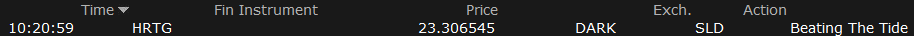 HRTG exit fill on 18 June 2026: sold at $23.31 on a dark pool (SLD), the execution that closed the position for a +20.8% total return. Source: trade execution blotter.