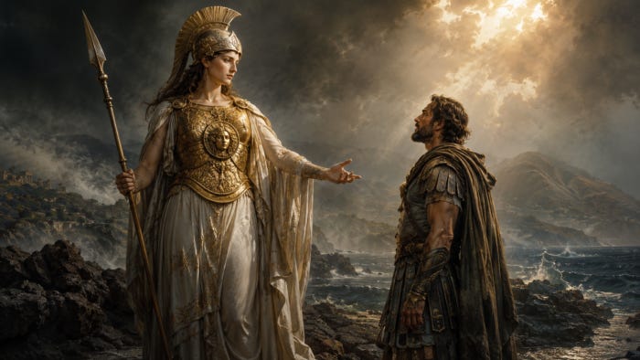 Atenea y Odiseo en las playas de Ítaca
