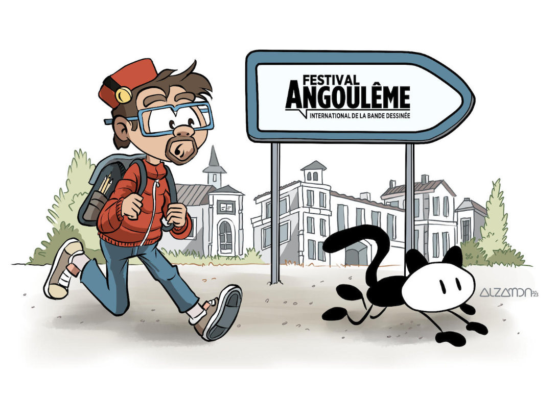 Caricature drawing of the author in Spirou garb together with Angouleme's Festival mascot, la Fauve (2023)