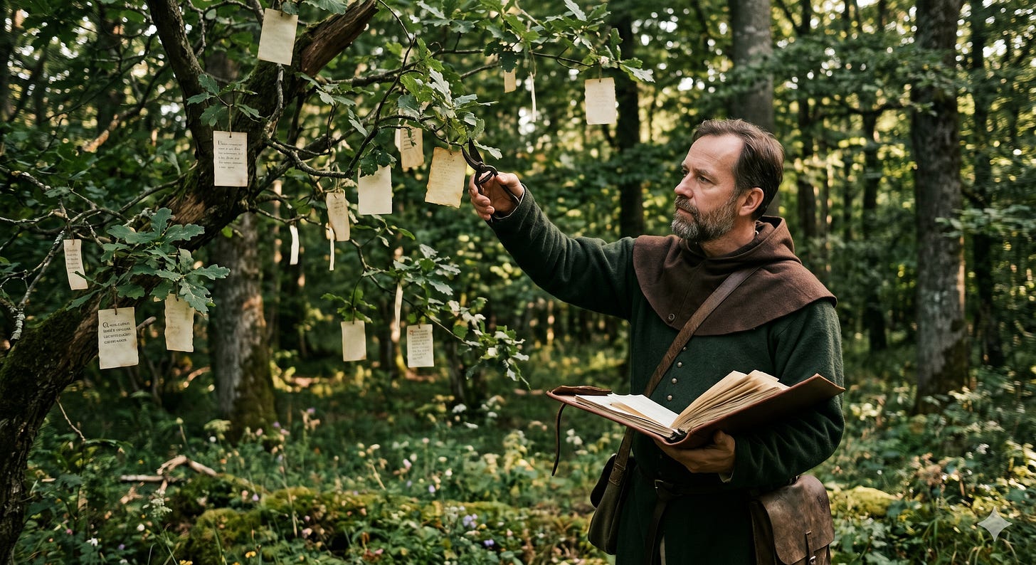 Actual photograph of a Medieval scholar cutting cards in the wild and gathering them into his florilegium (circa 1340). Actual photograph of a Medieval scholar cutting cards in the wild and gathering them into his florilegium (circa 1340).