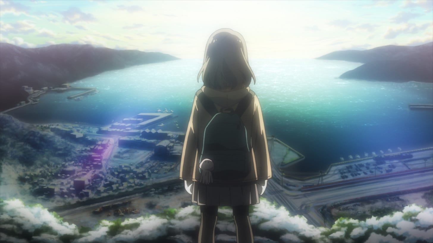 A girl wearing a backpack stands at a ridge overlooking a port town and the bay. A girl wearing a backpack stands at a ridge overlooking a port town and the bay.