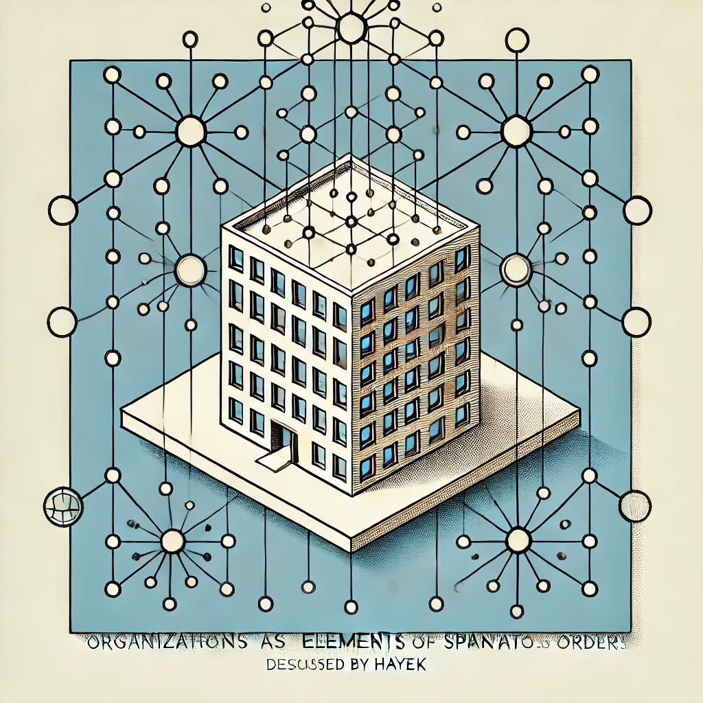 Create a simple and symbolic image to represent the concept 'Organizations as Elements of Spontaneous Orders' as discussed by Hayek. Depict a structured, organized building (such as an office building) surrounded by a network of interconnected lines or pathways, symbolizing the spontaneous order of society. The building should be connected to these lines, illustrating its role within the larger spontaneous system. Use minimal colors and a clean design to emphasize the connection between deliberate organization and spontaneous order.