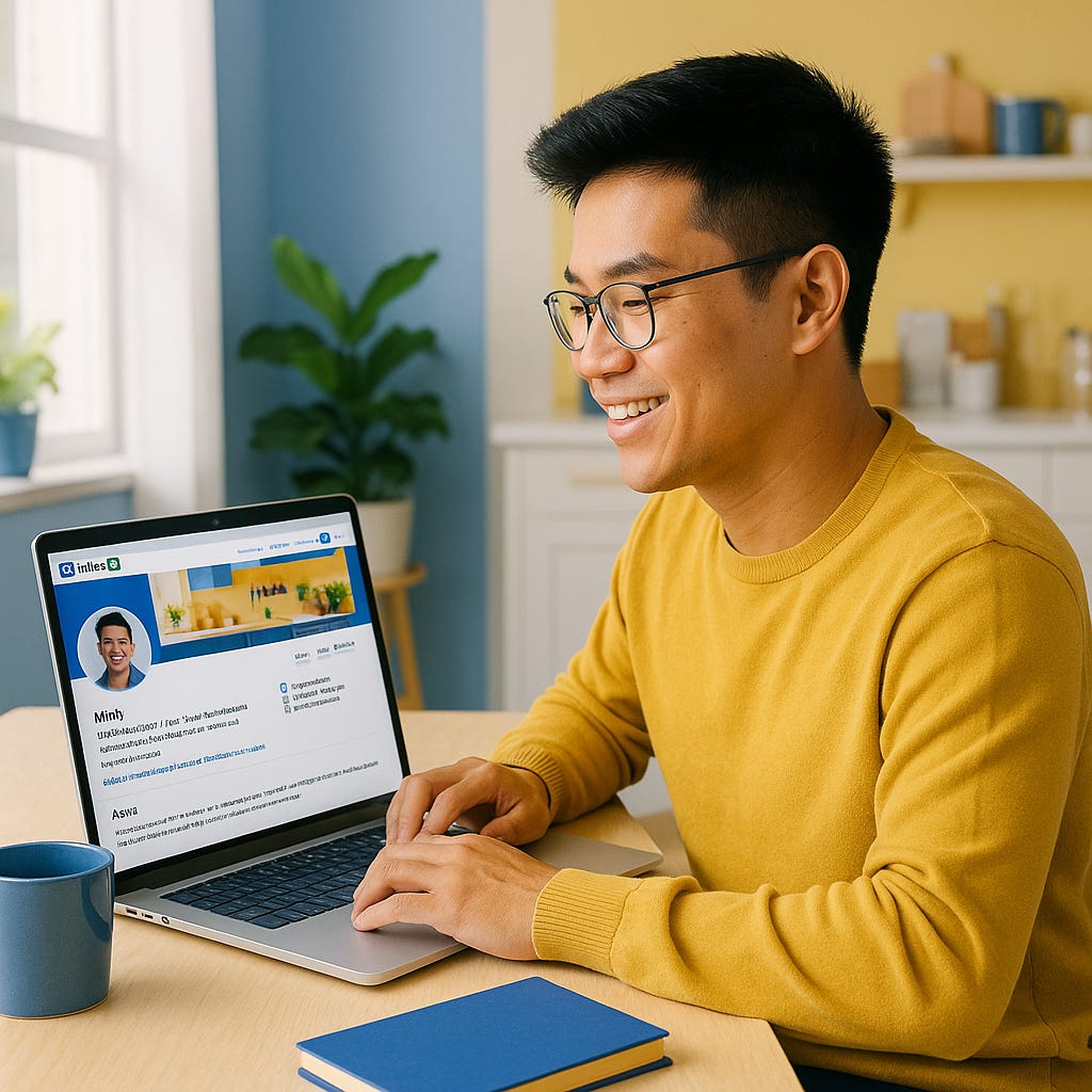 Smiling Vietnamese Zillennial creator Minh edits his LinkedIn profile on a laptop in a bright kitchen with Blueberri blues and yellows, showing a clear professional headline and branding that reflect intentional visibility for food creators. Smiling Vietnamese Zillennial creator Minh edits his LinkedIn profile on a laptop in a bright kitchen with Blueberri blues and yellows, showing a clear professional headline and branding that reflect intentional visibility for food creators.