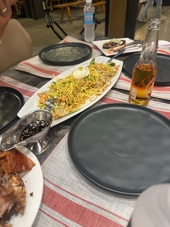 Water & San Miguel Apple, Crispy Pata, Pancit Cebu