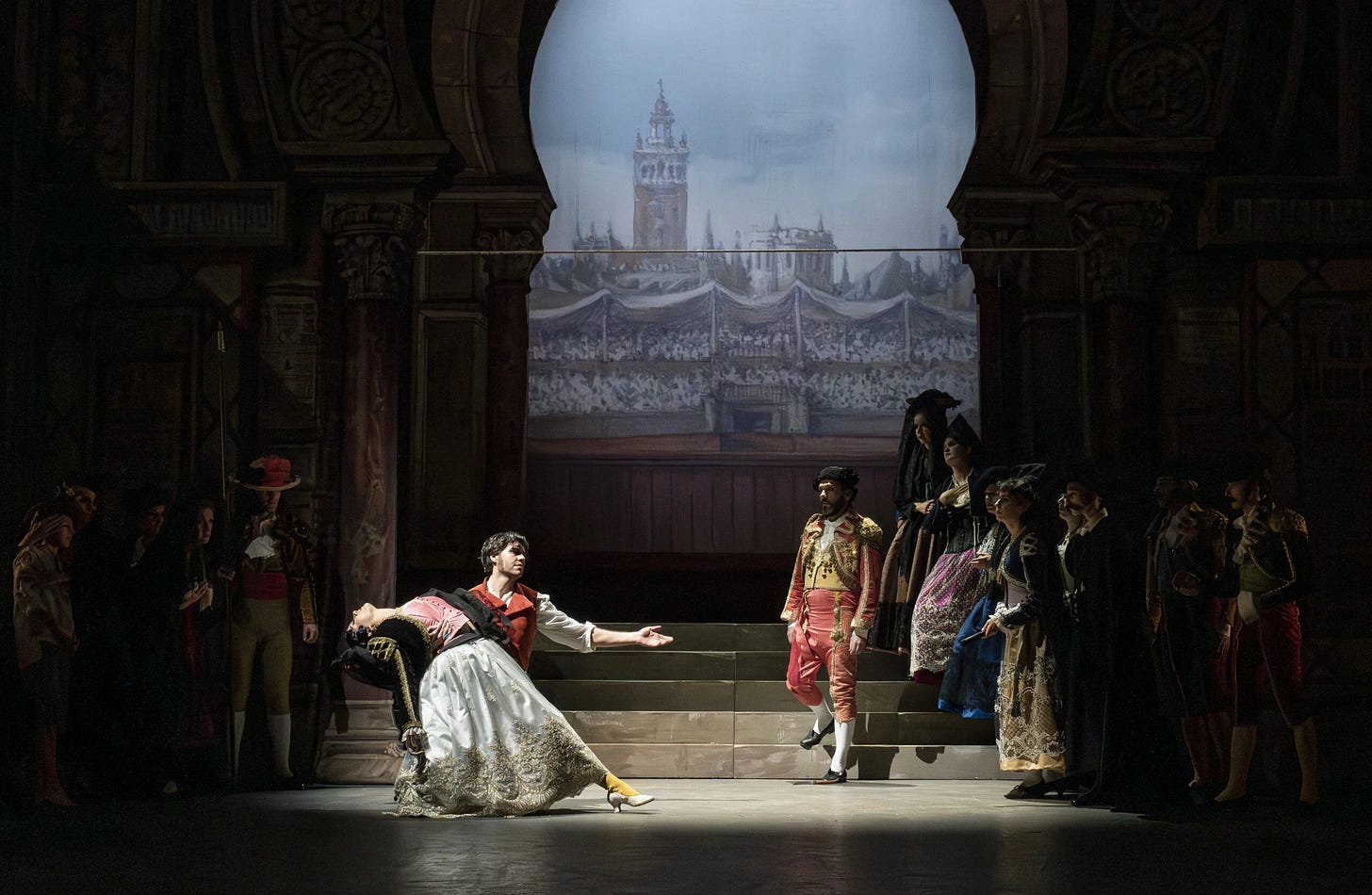 Deepa Johnny (Carmen), Thomas Atkins (Don José), Nicolas Courjal (Escamillo) in the freeze frame finale to Act 4
