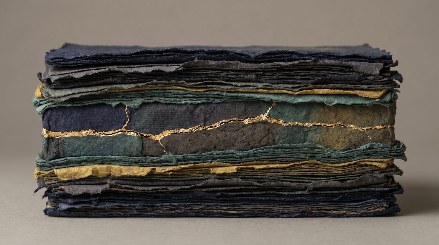 Abstract geological strata in midnight navy, teal, and muted gold with a thin gold fracture line running through compressed layers, representing years of accumulated weight, obligation, and silence held inside a body.