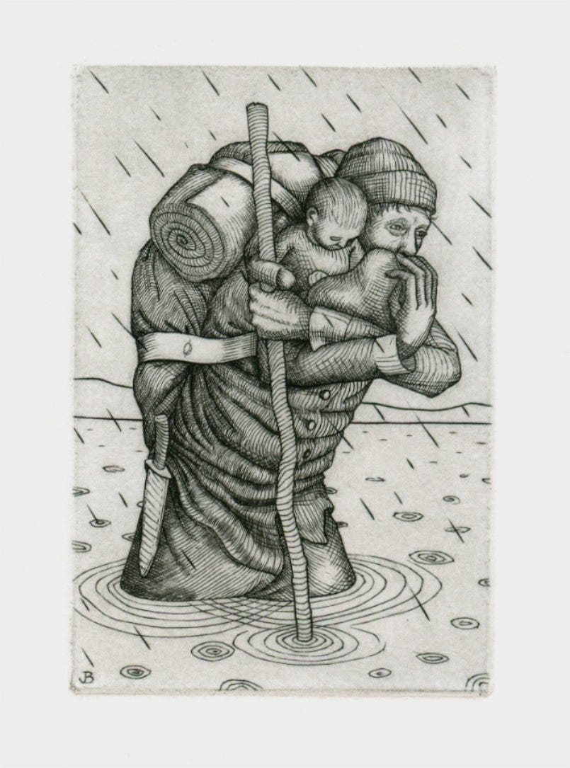 Gravura em preto e branco. Vê-se um andarilho com mochilão às costas, um cajado em uma mão e um bebê no colo, atravessando um rio na chuva.