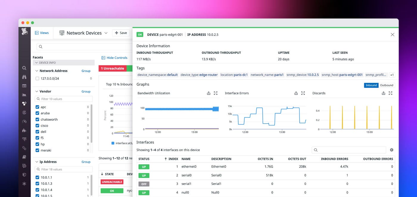 datadog infrastructure page on a purple gradient background